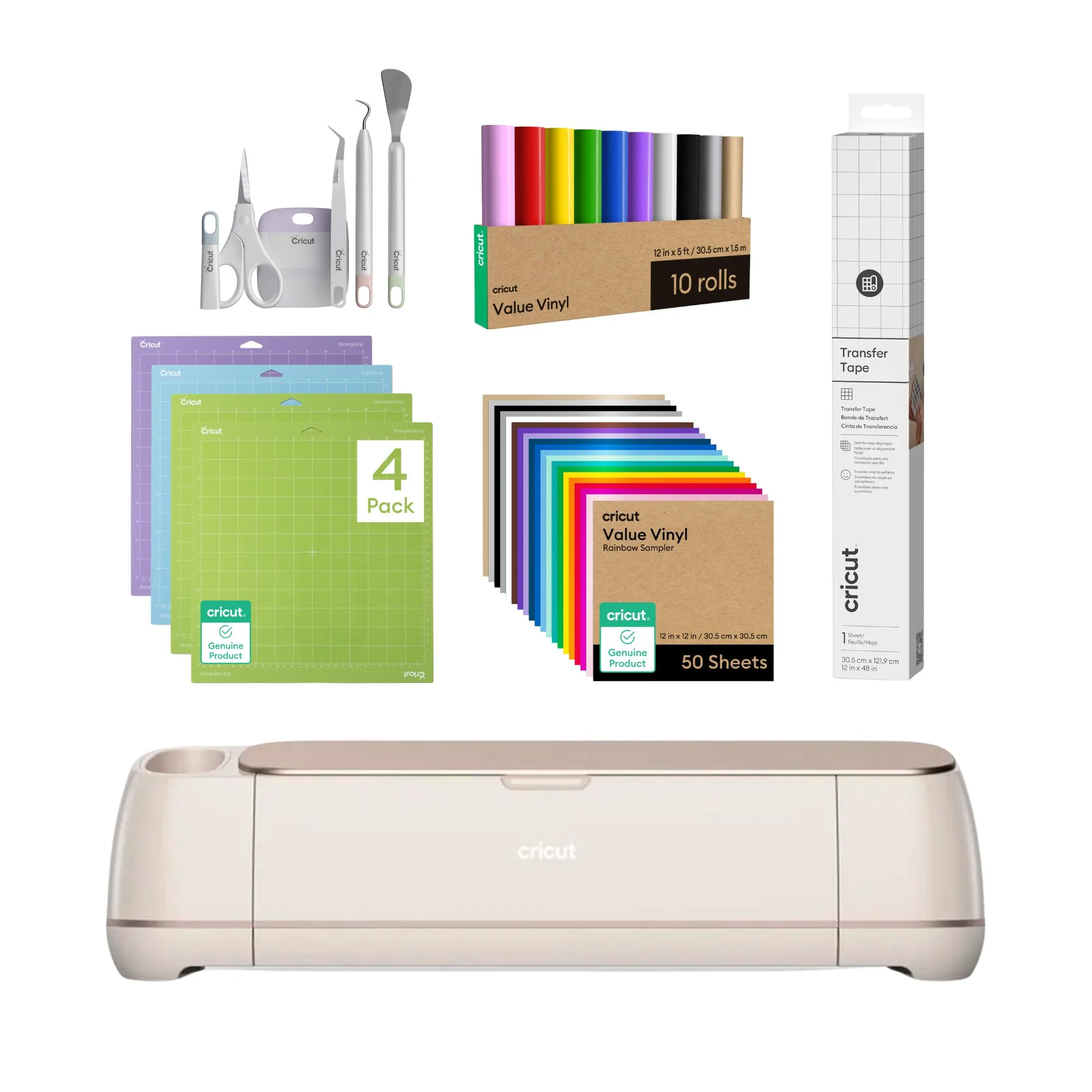 Cricut Maker 4 Rosa Marfil con Tapetes, Herramientas y Vinilos Arcoiris