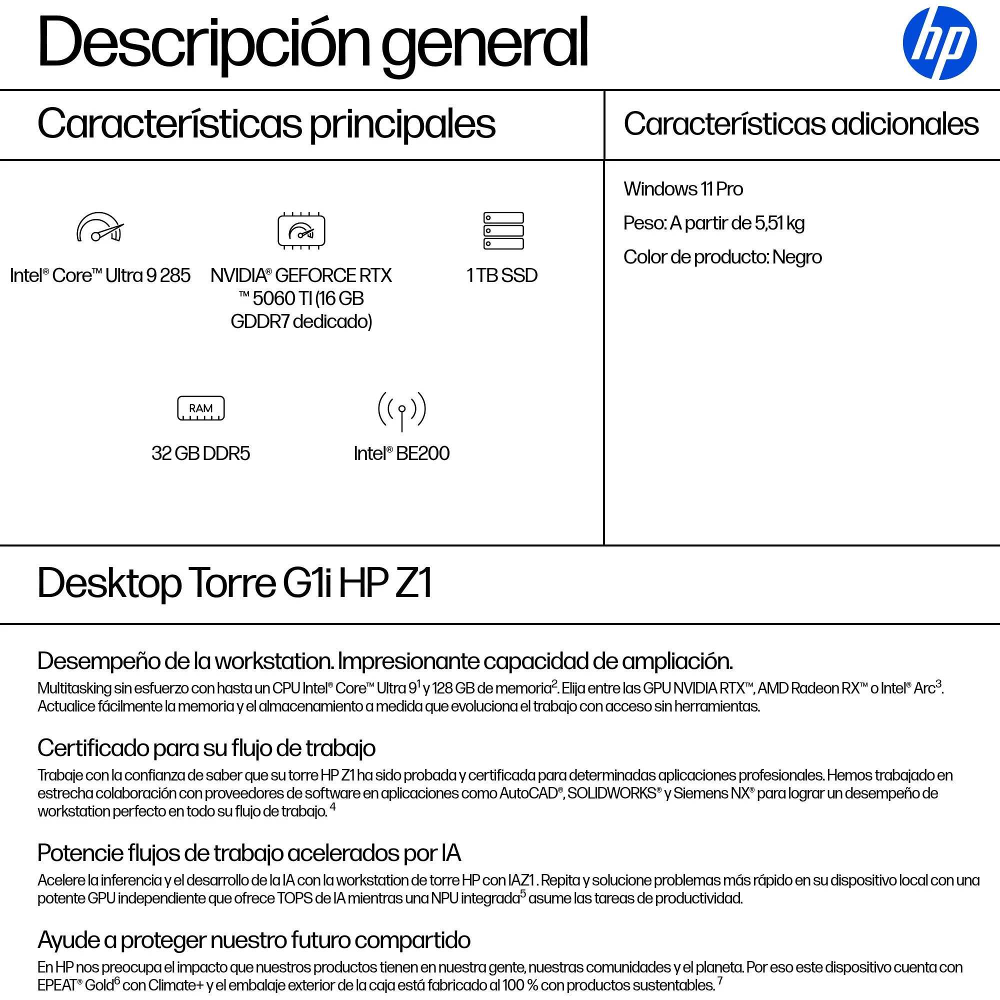 HP Z1 Tower G1i Desktop PC - Ultra 9 32GB 1TB RTX 5060 Ti - D5BM4LT (SI AR)