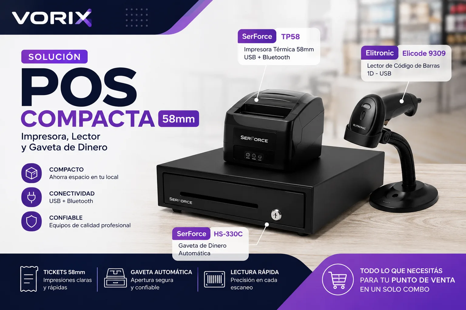 Solución POS Compacta 58mm: Impresora, Lector y Gaveta de Dinero